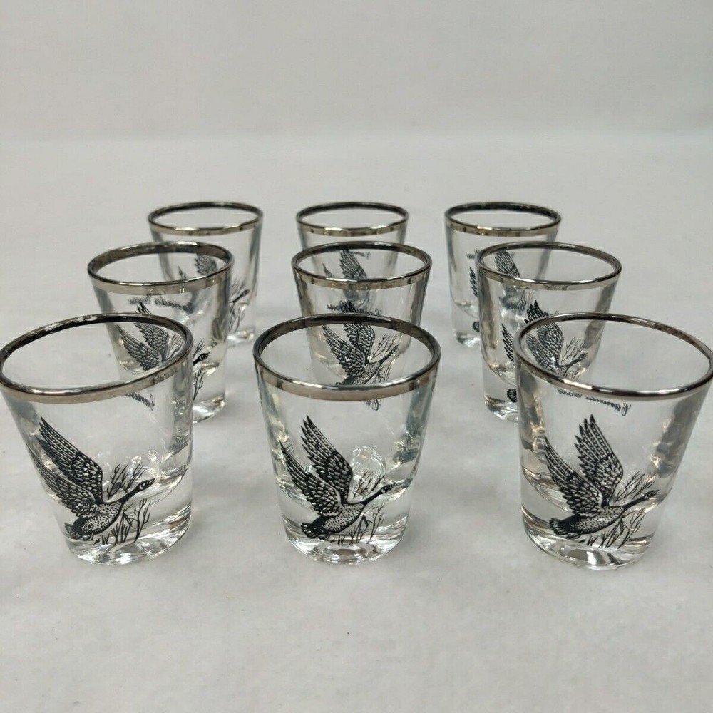 Set of 9 Vintage bird‎ shot glasses Canada Goose EXCELLENT Silver Rim